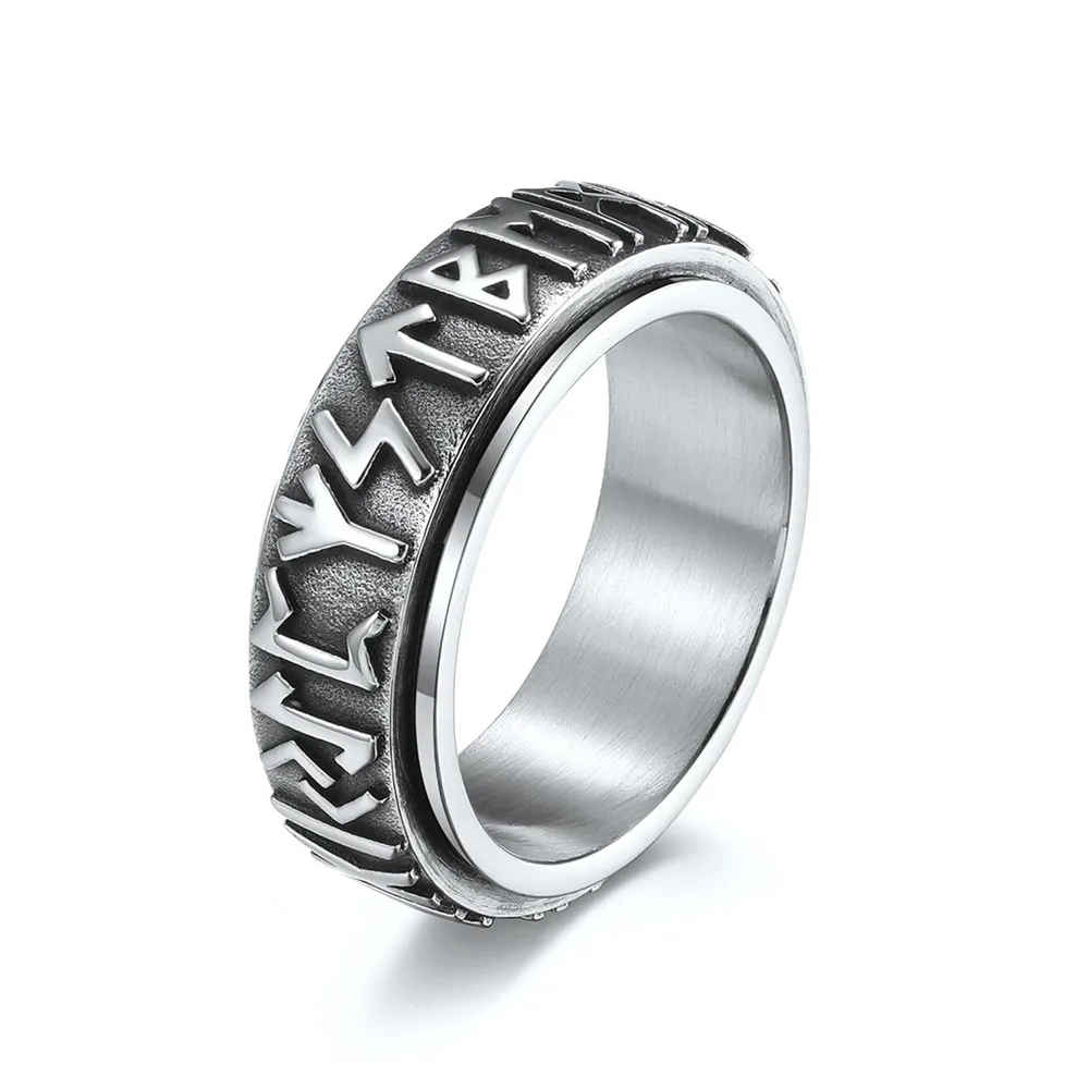 MKENDN Stainless Steel Norse Viking Runes Amulet Spinner Ring Punk Hip Hop Men Women Futhark Rune Viking Jewelry