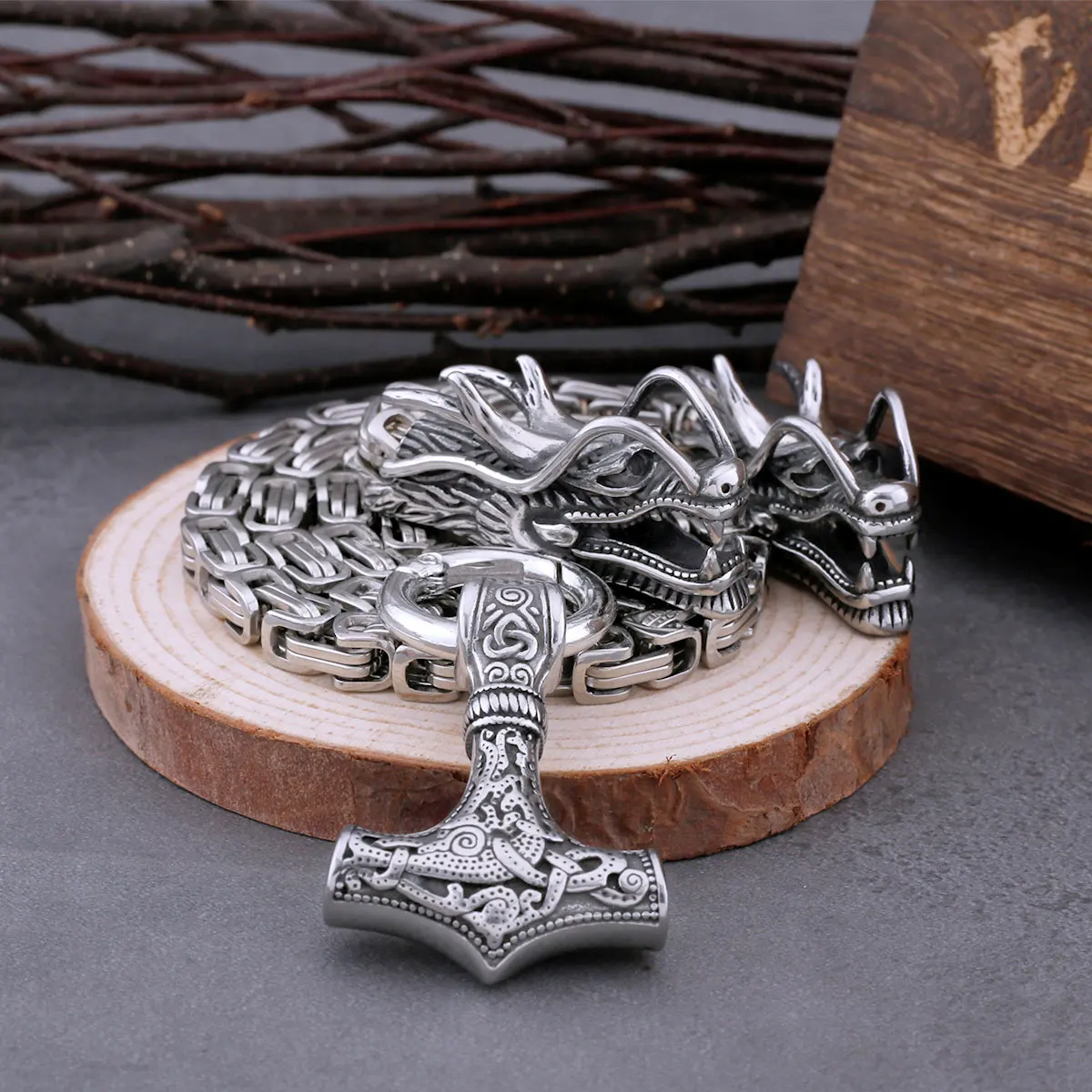 Vikings Thor’s Hammer Pendant Steel Color Dragon Head Square Necklace Fashion Amulet Hip Hop Vintage Jewelry As Gift for Men Vikings Thor's Hammer Pendant Steel Color Dragon Head Square Necklace Fashion Amulet Hip Hop Vintage Jewelry As Gift for Men