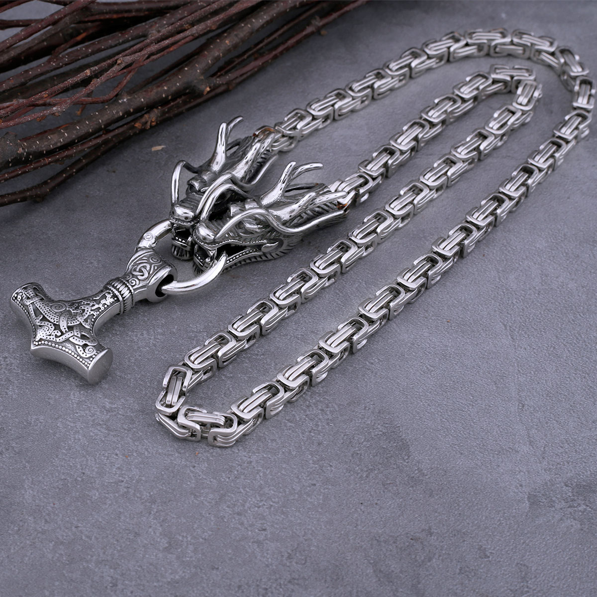 Vikings Thor's Hammer Pendant Steel Color Dragon Head Square Necklace Fashion Amulet Hip Hop Vintage Jewelry As Gift for Men