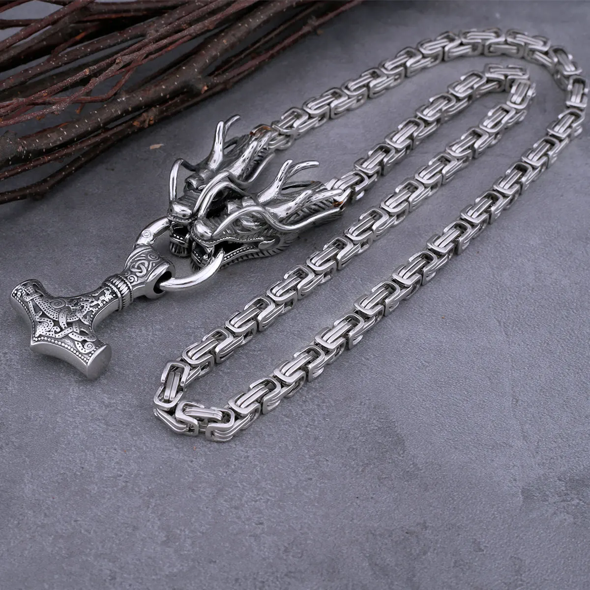 Vikings Thor’s Hammer Pendant Steel Color Dragon Head Square Necklace Fashion Amulet Hip Hop Vintage Jewelry As Gift for Men Vikings Thor's Hammer Pendant Steel Color Dragon Head Square Necklace Fashion Amulet Hip Hop Vintage Jewelry As Gift for Men
