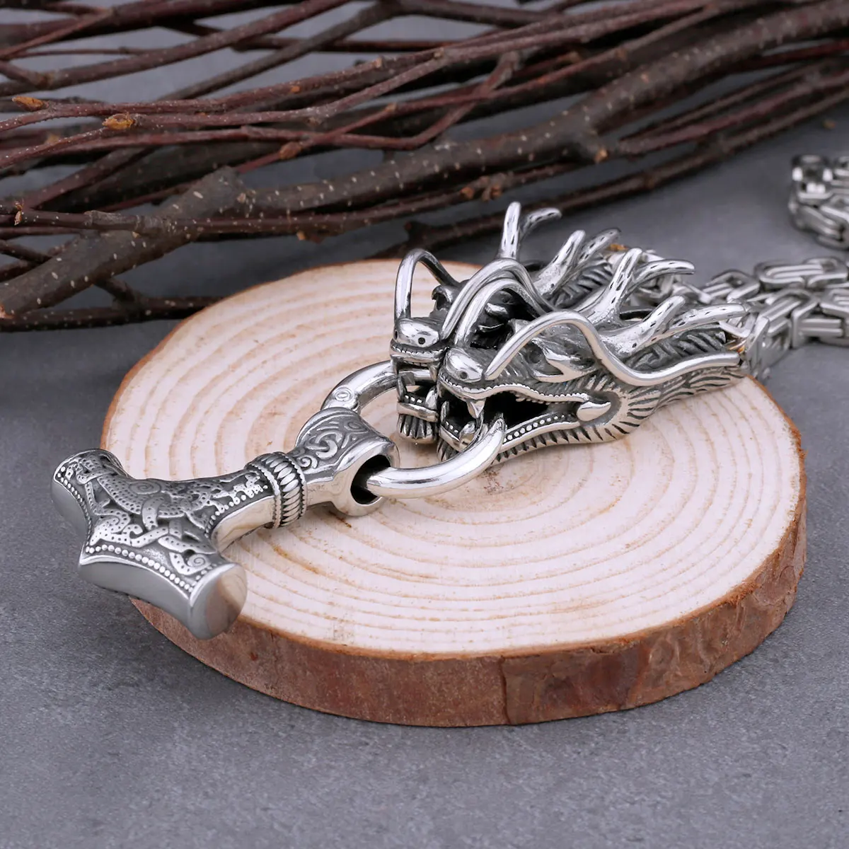Vikings Thor’s Hammer Pendant Steel Color Dragon Head Square Necklace Fashion Amulet Hip Hop Vintage Jewelry As Gift for Men Vikings Thor's Hammer Pendant Steel Color Dragon Head Square Necklace Fashion Amulet Hip Hop Vintage Jewelry As Gift for Men
