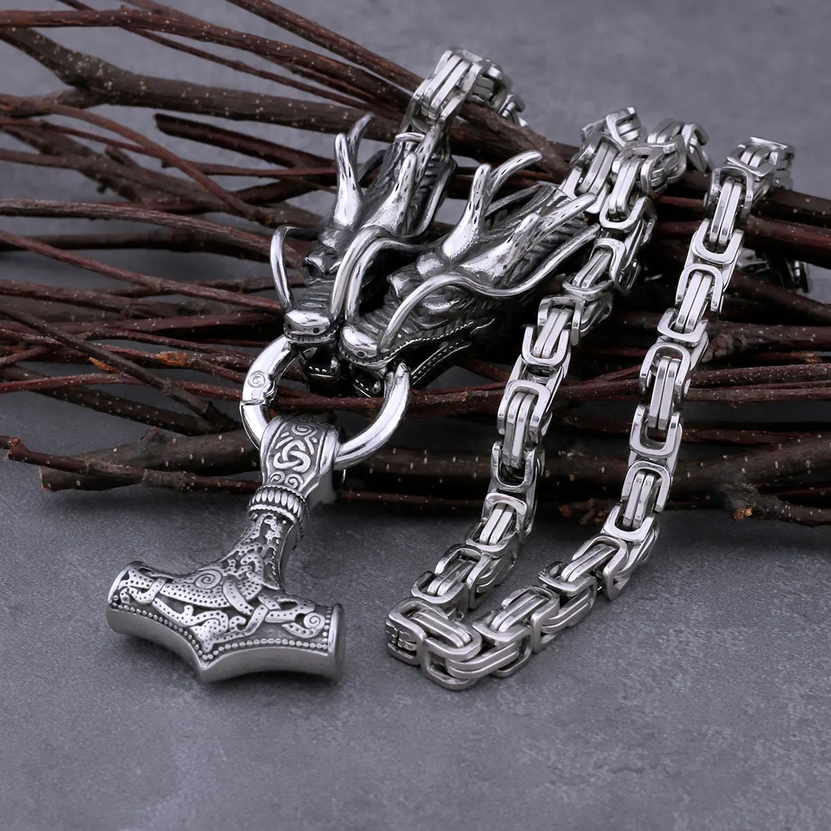 Vikings Thor’s Hammer Pendant Steel Color Dragon Head Square Necklace Fashion Amulet Hip Hop Vintage Jewelry As Gift for Men Vikings Thor's Hammer Pendant Steel Color Dragon Head Square Necklace Fashion Amulet Hip Hop Vintage Jewelry As Gift for Men