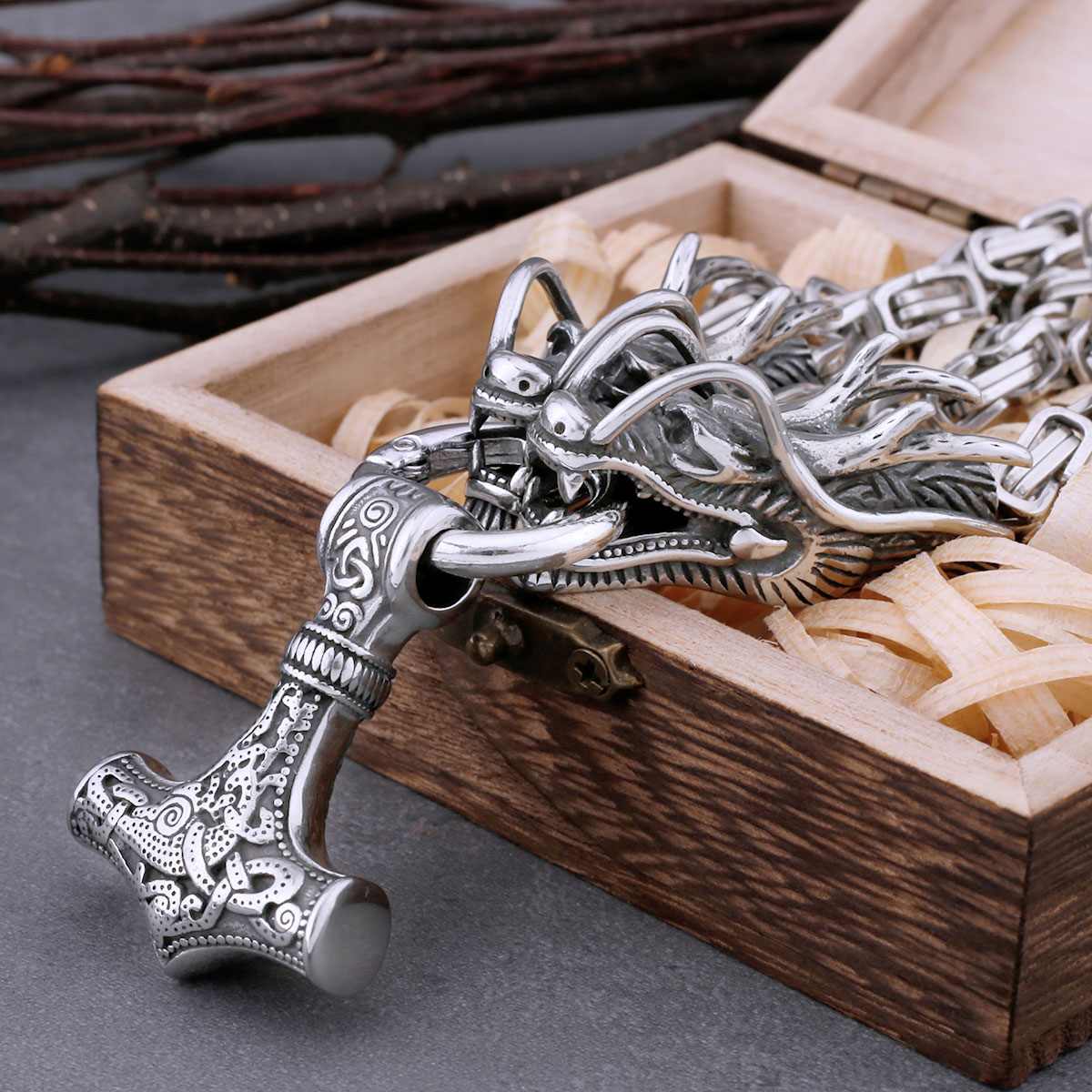 Vikings Thor's Hammer Pendant Steel Color Dragon Head Square Necklace Fashion Amulet Hip Hop Vintage Jewelry As Gift for Men