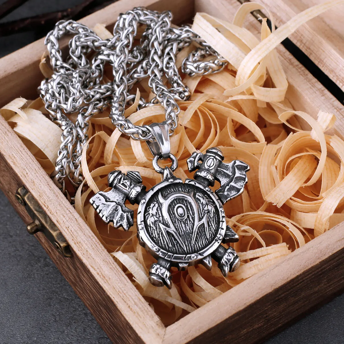Stainless Steel Nordic Viking Double Axe Ghost Personality Necklace Men’s Pendant Accessories Jewelry with Wooden Box Stainless Steel Nordic Viking Double Axe Ghost Personality Necklace Men's Pendant Accessories Jewelry with Wooden Box