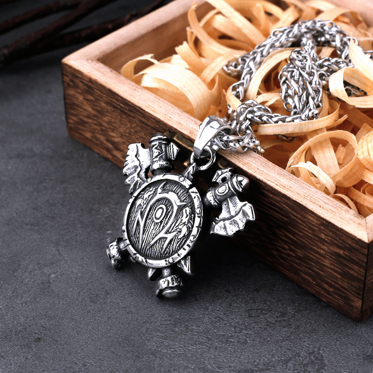 Stainless Steel Nordic Viking Double Axe Ghost Personality Necklace Men's Pendant Accessories Jewelry with Wooden Box