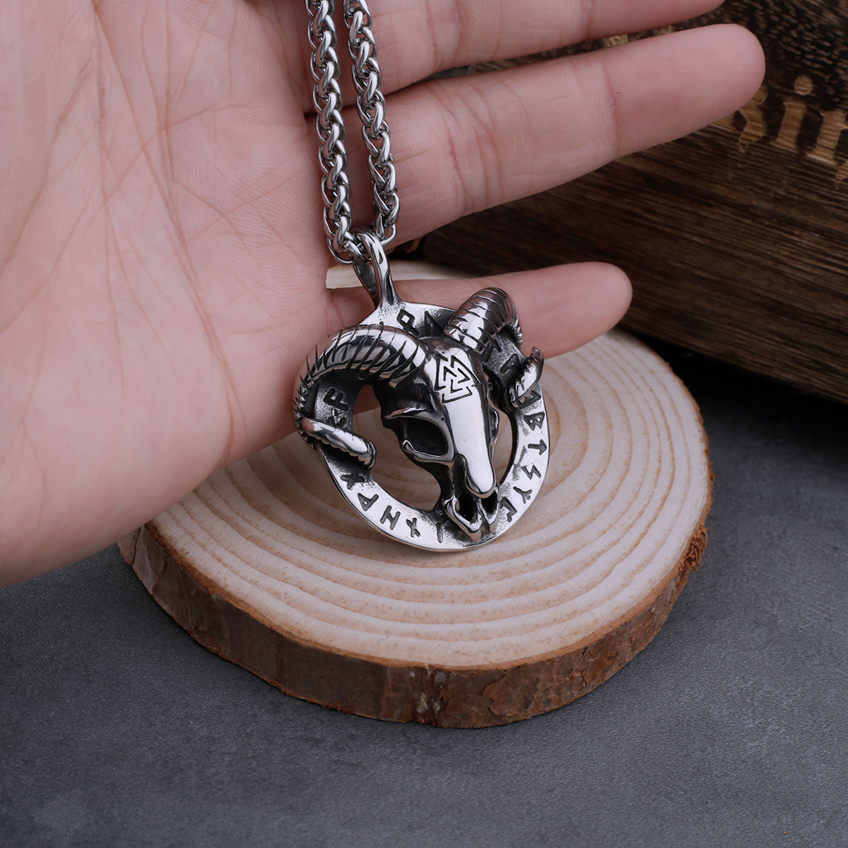 Stainless Steel Viking Rune Imitation Goat Head Necklace Men's Amulet Pendant Biker Gothic Party Club Jewelry Gift for Boyfriend Stainless Steel Viking Rune Imitation Goat Head Necklace Men's Amulet Pendant Biker Gothic Party Club Jewelry Gift for Boyfriend