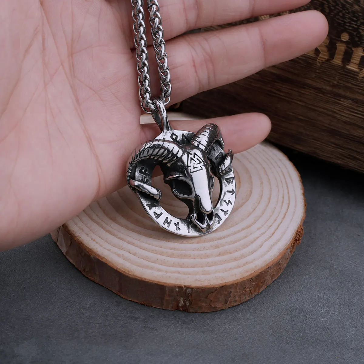 Stainless Steel Viking Rune Imitation Goat Head Necklace Men’s Amulet Pendant Biker Gothic Party Club Jewelry Gift for Boyfriend Stainless Steel Viking Rune Imitation Goat Head Necklace Men's Amulet Pendant Biker Gothic Party Club Jewelry Gift for Boyfriend