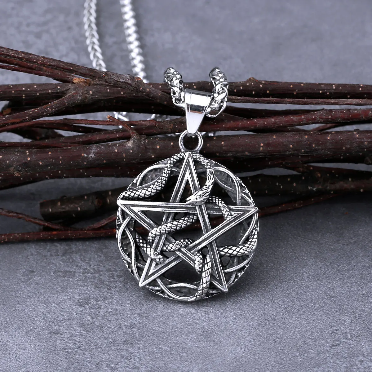 Vintage Pentagram Snake King Necklace Men Women Stainless Steel Fashion Punk Pendant Necklace Charm Chain Jewelry Christmas Gift Vintage Pentagram Snake King Necklace Men Women Stainless Steel Fashion Punk Pendant Necklace Charm Chain Jewelry Christmas Gift