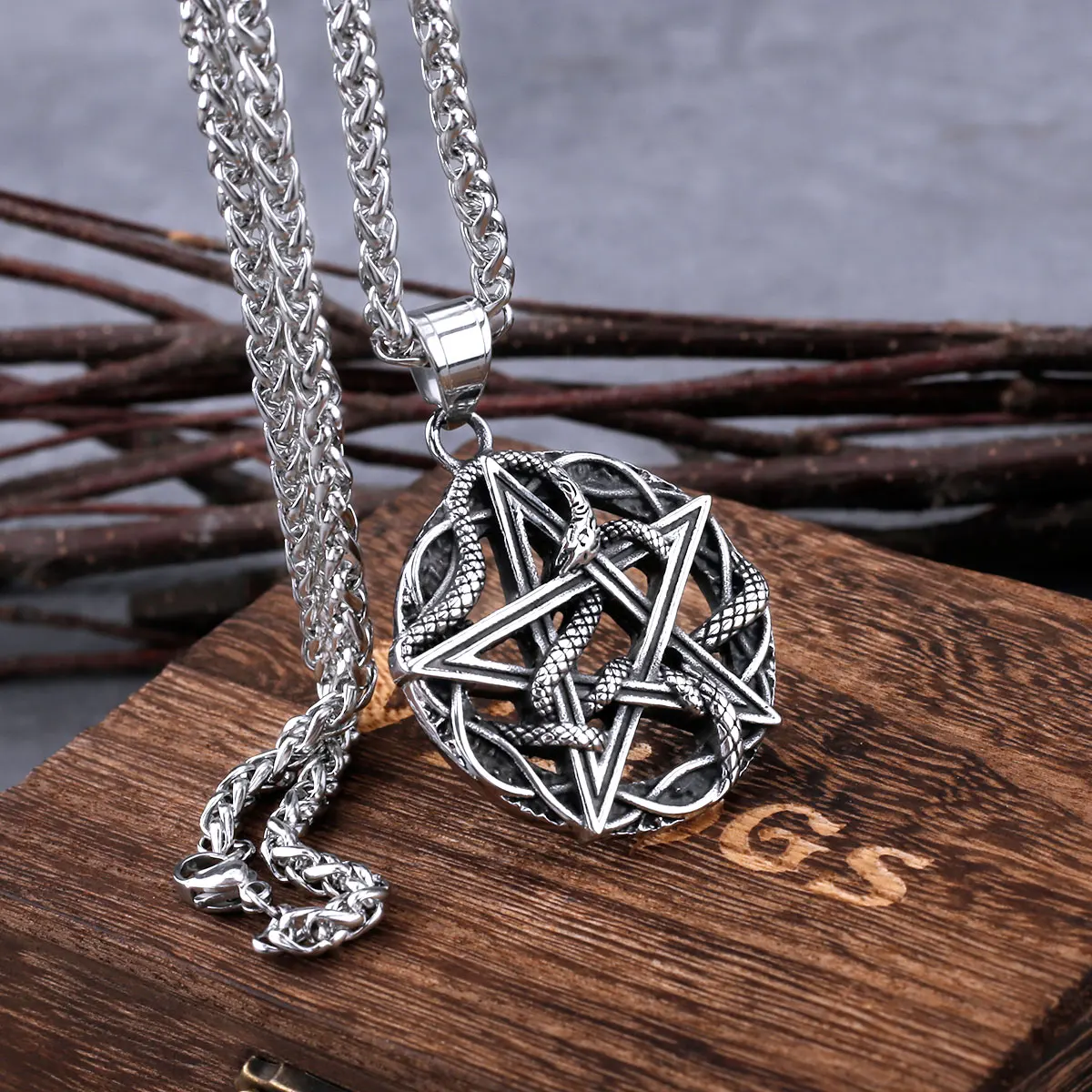 Vintage Pentagram Snake King Necklace Men Women Stainless Steel Fashion Punk Pendant Necklace Charm Chain Jewelry Christmas Gift Vintage Pentagram Snake King Necklace Men Women Stainless Steel Fashion Punk Pendant Necklace Charm Chain Jewelry Christmas Gift