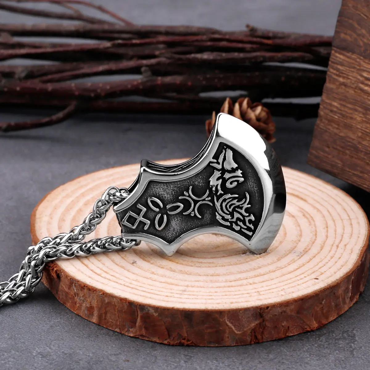 Viking Stainless Steel Axe Pendant Necklace Vintage Celtic Knot Wolf Amulet Rune Jewelry Mens Classic Trendy Party Gift