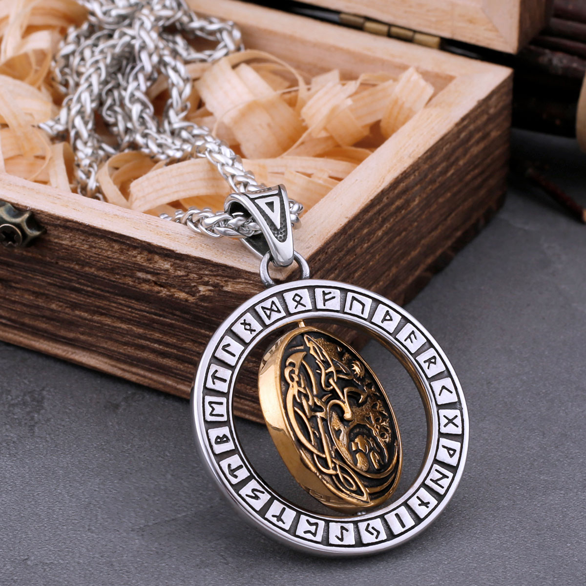 Rotate Vikings Wolf Necklace Stainless Steel Men's Tree of Life Odin Rune Amulet Pendant Necklace Vintage Charm Jewelry As Gift Rotate Vikings Wolf Necklace Stainless Steel Men's Tree of Life Odin Rune Amulet Pendant Necklace Vintage Charm Jewelry As Gift