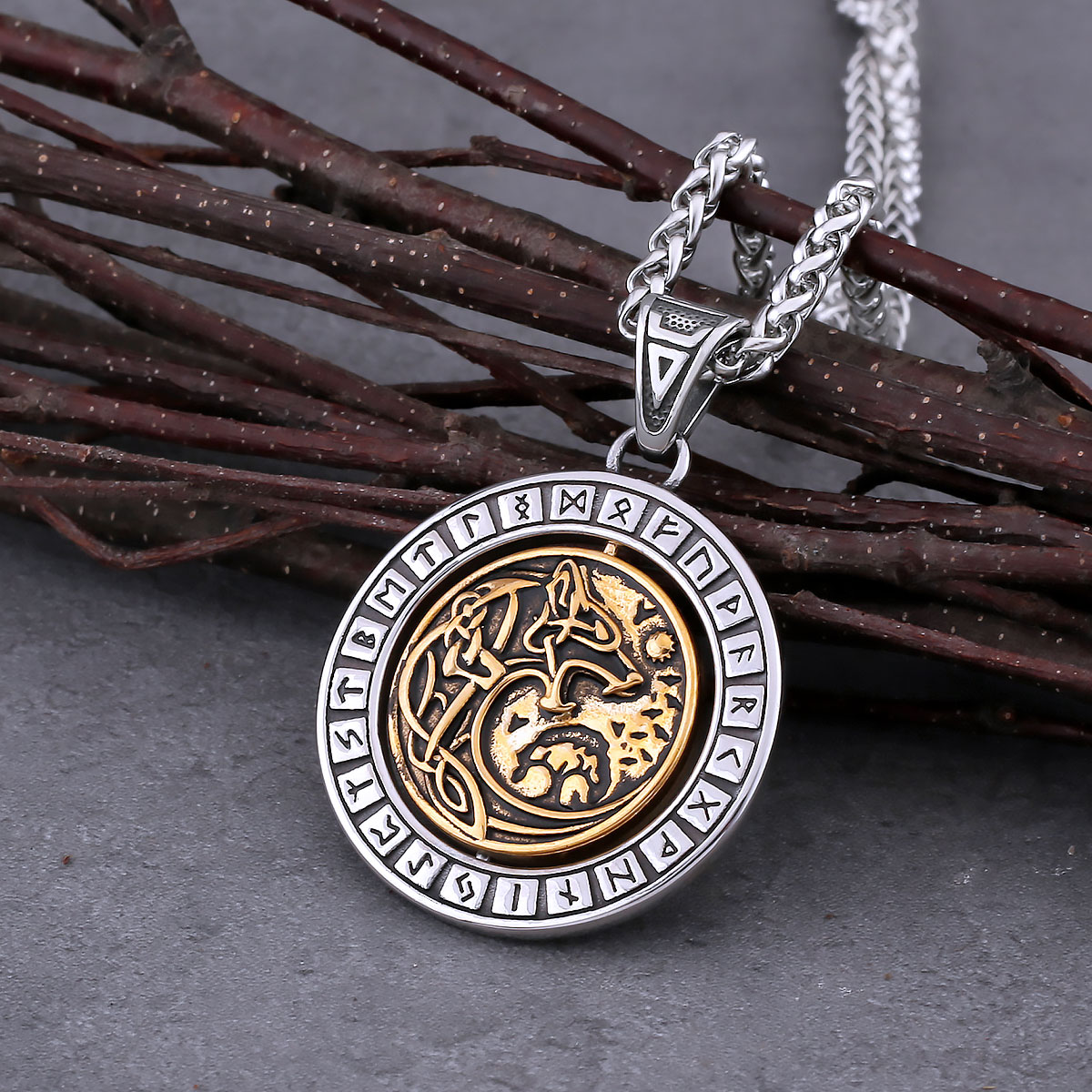 Rotate Vikings Wolf Necklace Stainless Steel Men's Tree of Life Odin Rune Amulet Pendant Necklace Vintage Charm Jewelry As Gift Rotate Vikings Wolf Necklace Stainless Steel Men's Tree of Life Odin Rune Amulet Pendant Necklace Vintage Charm Jewelry As Gift