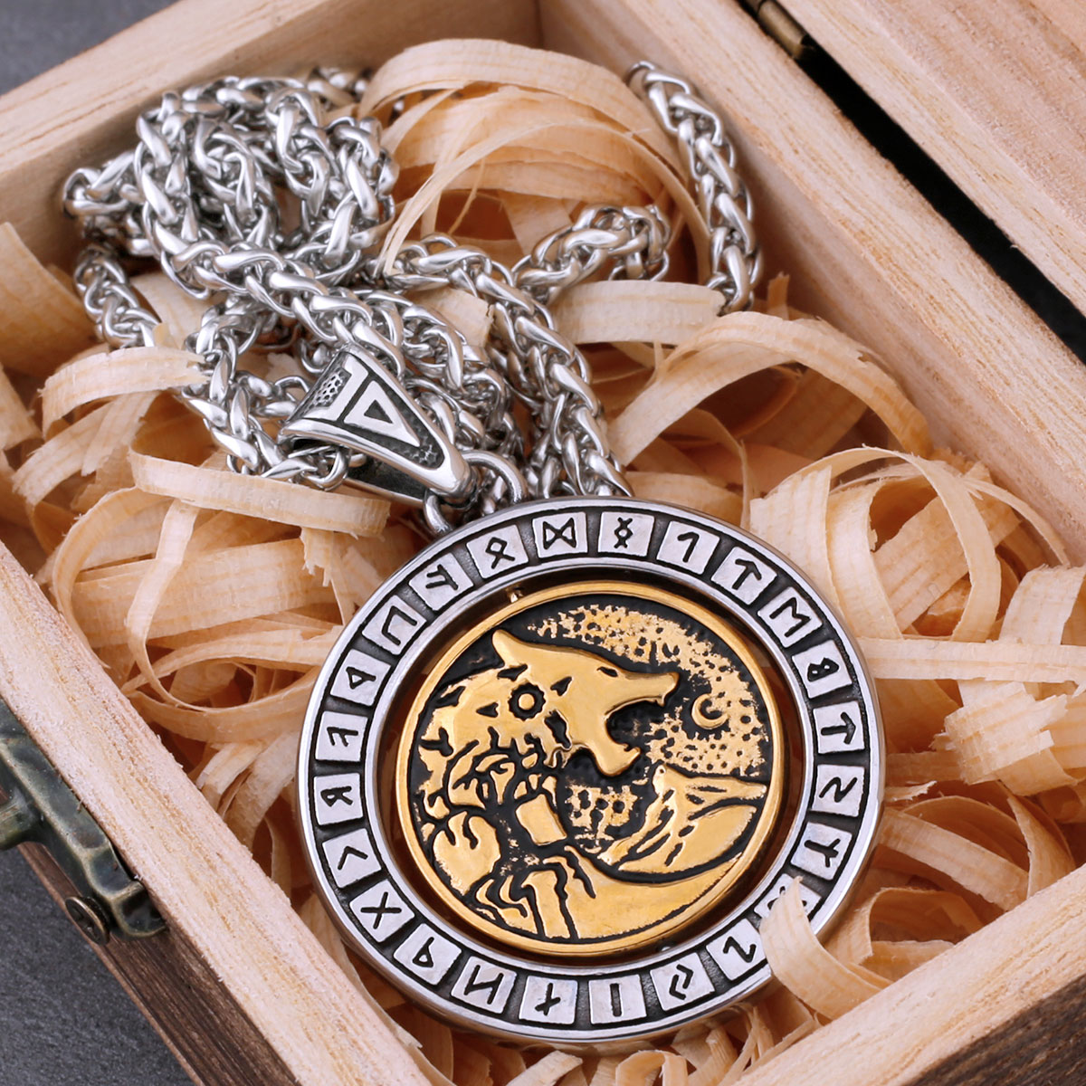 Rotate Vikings Wolf Necklace Stainless Steel Men's Tree of Life Odin Rune Amulet Pendant Necklace Vintage Charm Jewelry As Gift Rotate Vikings Wolf Necklace Stainless Steel Men's Tree of Life Odin Rune Amulet Pendant Necklace Vintage Charm Jewelry As Gift