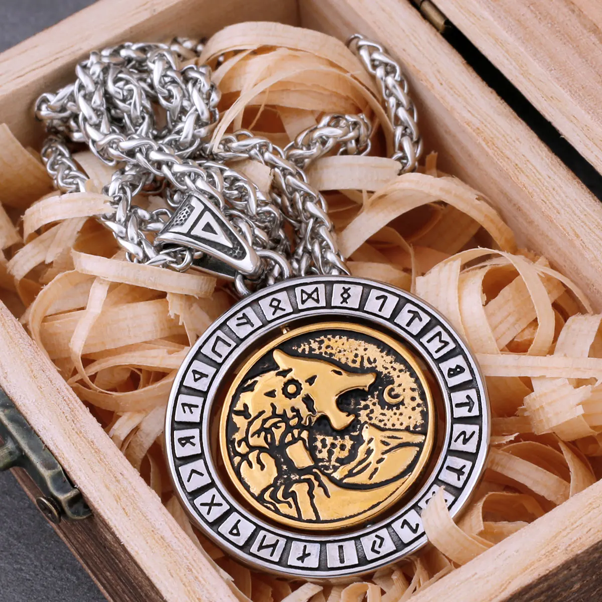 Rotate Vikings Wolf Necklace Stainless Steel Men’s Tree of Life Odin Rune Amulet Pendant Necklace Vintage Charm Jewelry As Gift Rotate Vikings Wolf Necklace Stainless Steel Men's Tree of Life Odin Rune Amulet Pendant Necklace Vintage Charm Jewelry As Gift