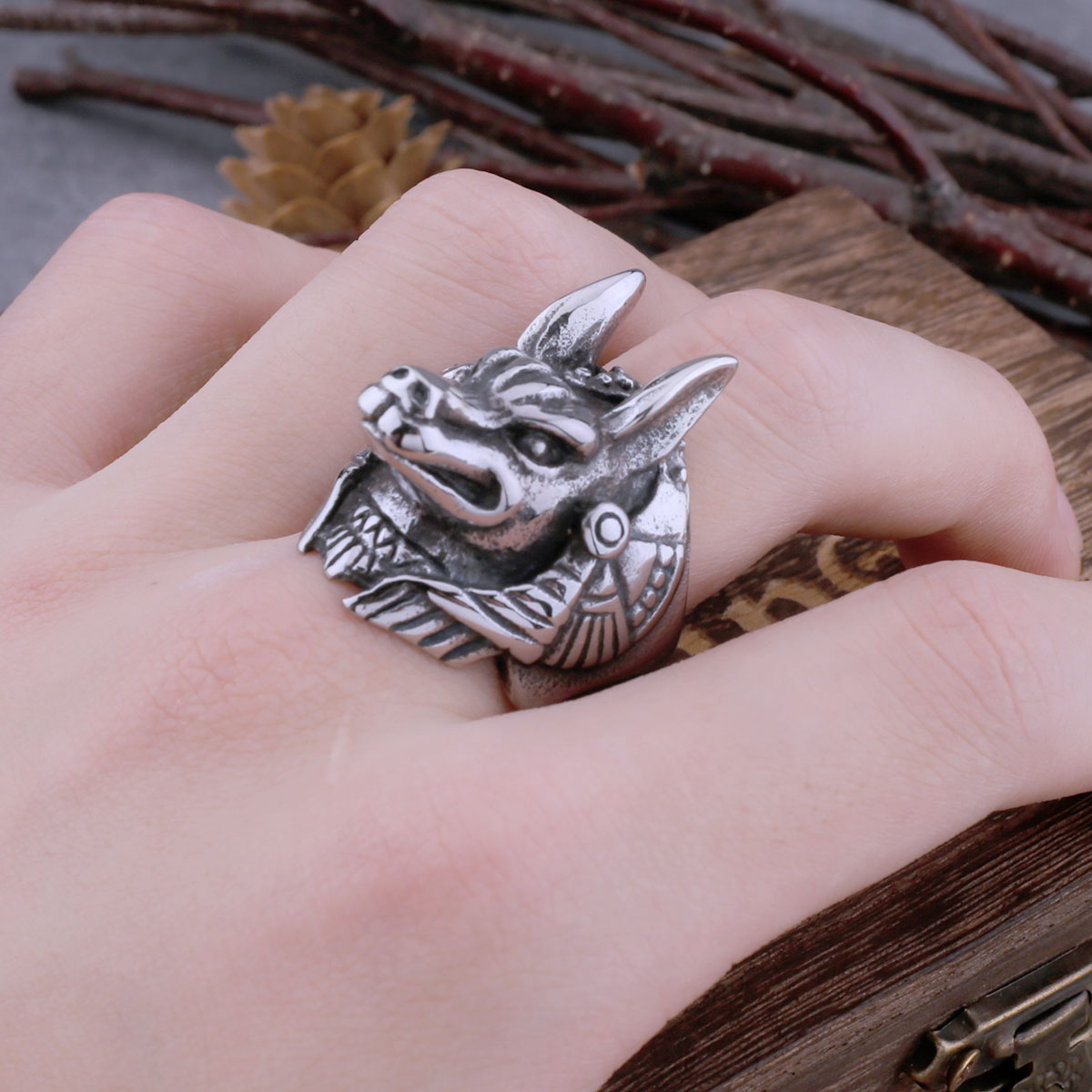 Stainless Steel Vintage Egyptian God Anubis Ring For Men Egyptian Mythology Hip Hop Fashion Biker Ring Animal Jewelry Wooden Box Stainless Steel Vintage Egyptian God Anubis Ring For Men Egyptian Mythology Hip Hop Fashion Biker Ring Animal Jewelry Wooden Box
