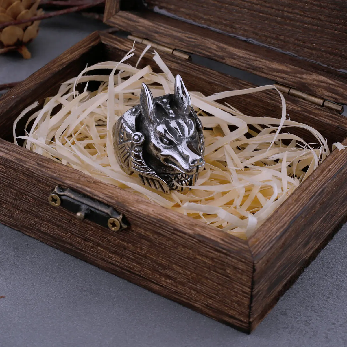 Stainless Steel Vintage Egyptian God Anubis Ring For Men Egyptian Mythology Hip Hop Fashion Biker Ring Animal Jewelry Wooden Box Stainless Steel Vintage Egyptian God Anubis Ring For Men Egyptian Mythology Hip Hop Fashion Biker Ring Animal Jewelry Wooden Box