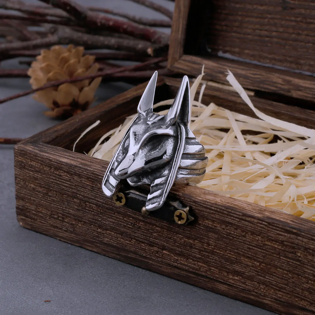 Stainless Steel Vintage Egyptian God Anubis Ring For Men Egyptian Mythology Hip Hop Fashion Biker Ring Animal Jewelry Wooden Box Stainless Steel Vintage Egyptian God Anubis Ring For Men Egyptian Mythology Hip Hop Fashion Biker Ring Animal Jewelry Wooden Box