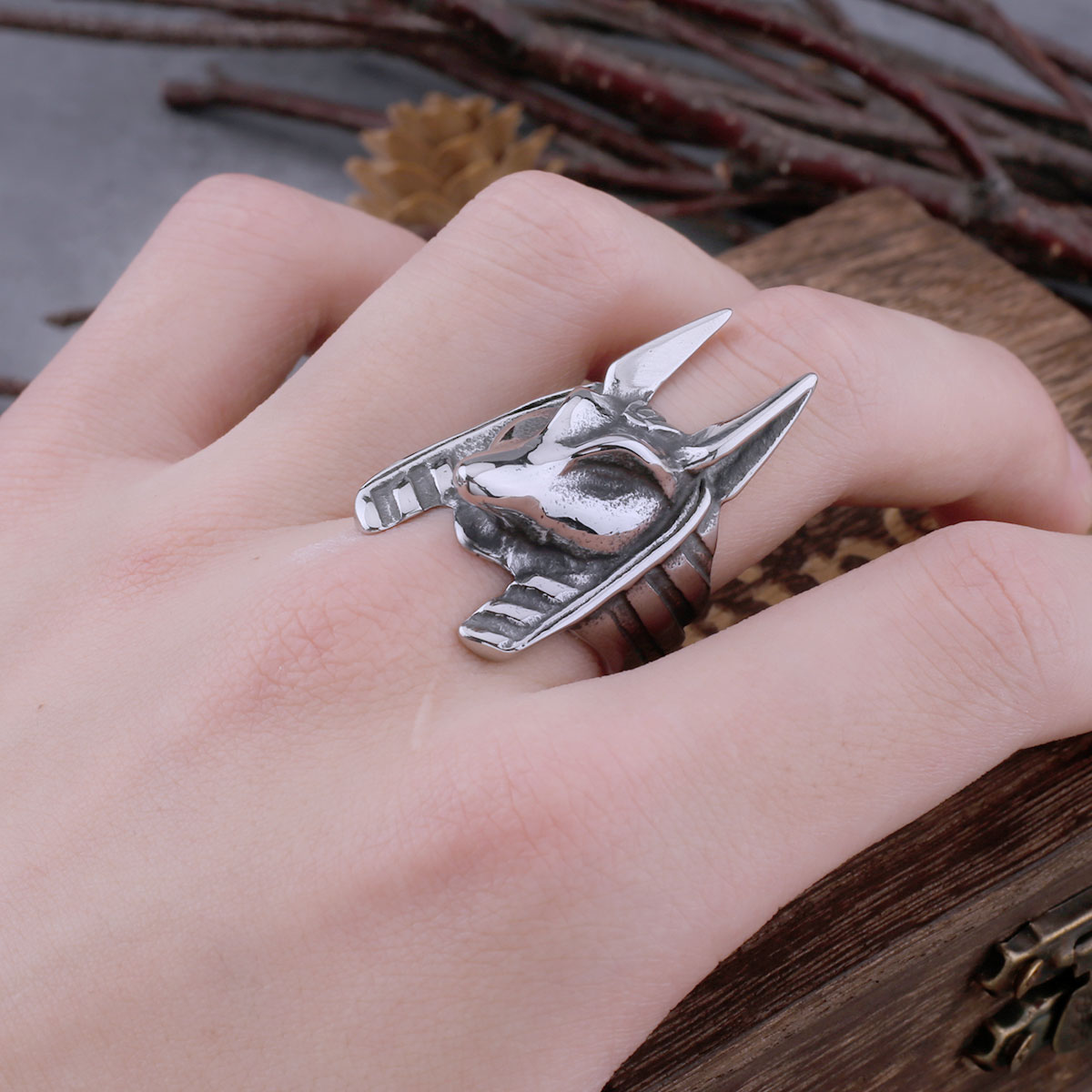 Stainless Steel Vintage Egyptian God Anubis Ring For Men Egyptian Mythology Hip Hop Fashion Biker Ring Animal Jewelry Wooden Box Stainless Steel Vintage Egyptian God Anubis Ring For Men Egyptian Mythology Hip Hop Fashion Biker Ring Animal Jewelry Wooden Box
