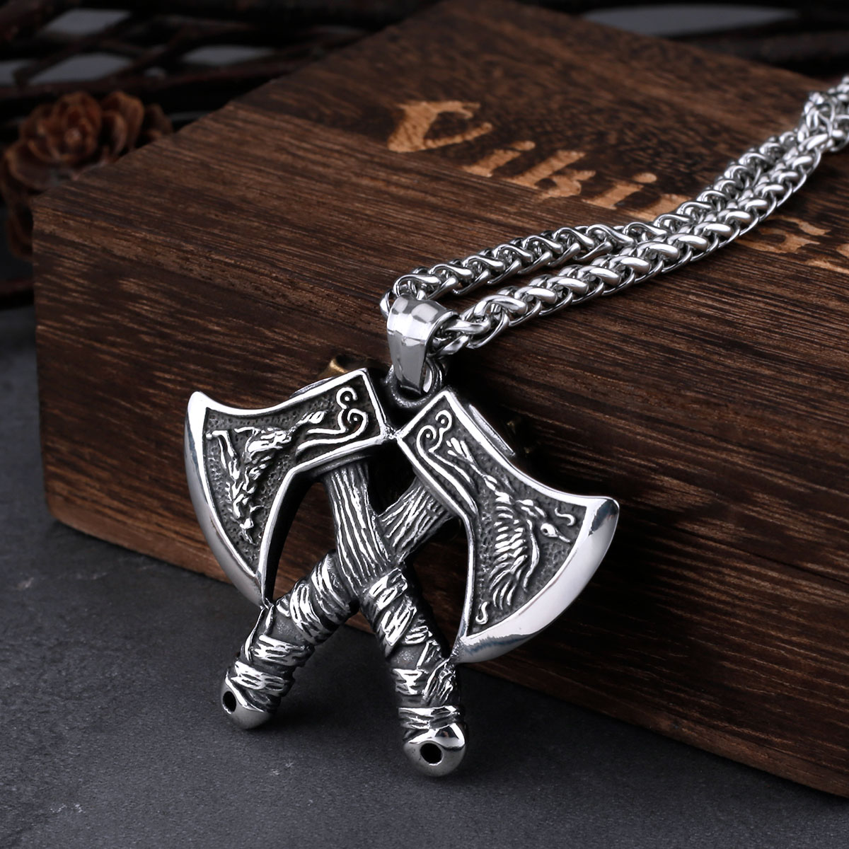 316L Stainless Steel Viking Double Axe Men's Pendant Necklace Classic Wolf Eagle Pattern Accessories with Wooden Box 316L Stainless Steel Viking Double Axe Men's Pendant Necklace Classic Wolf Eagle Pattern Accessories with Wooden Box