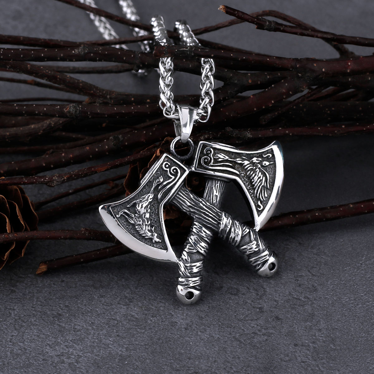 316L Stainless Steel Viking Double Axe Men's Pendant Necklace Classic Wolf Eagle Pattern Accessories with Wooden Box 316L Stainless Steel Viking Double Axe Men's Pendant Necklace Classic Wolf Eagle Pattern Accessories with Wooden Box
