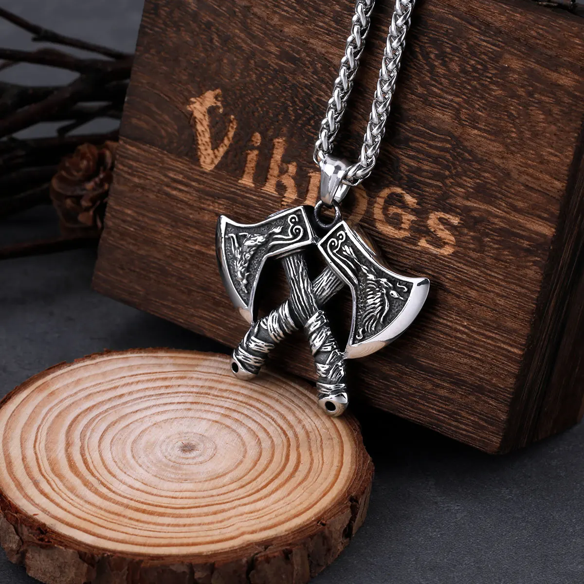 316L Stainless Steel Viking Double Axe Men’s Pendant Necklace Classic Wolf Eagle Pattern Accessories with Wooden Box 316L Stainless Steel Viking Double Axe Men's Pendant Necklace Classic Wolf Eagle Pattern Accessories with Wooden Box