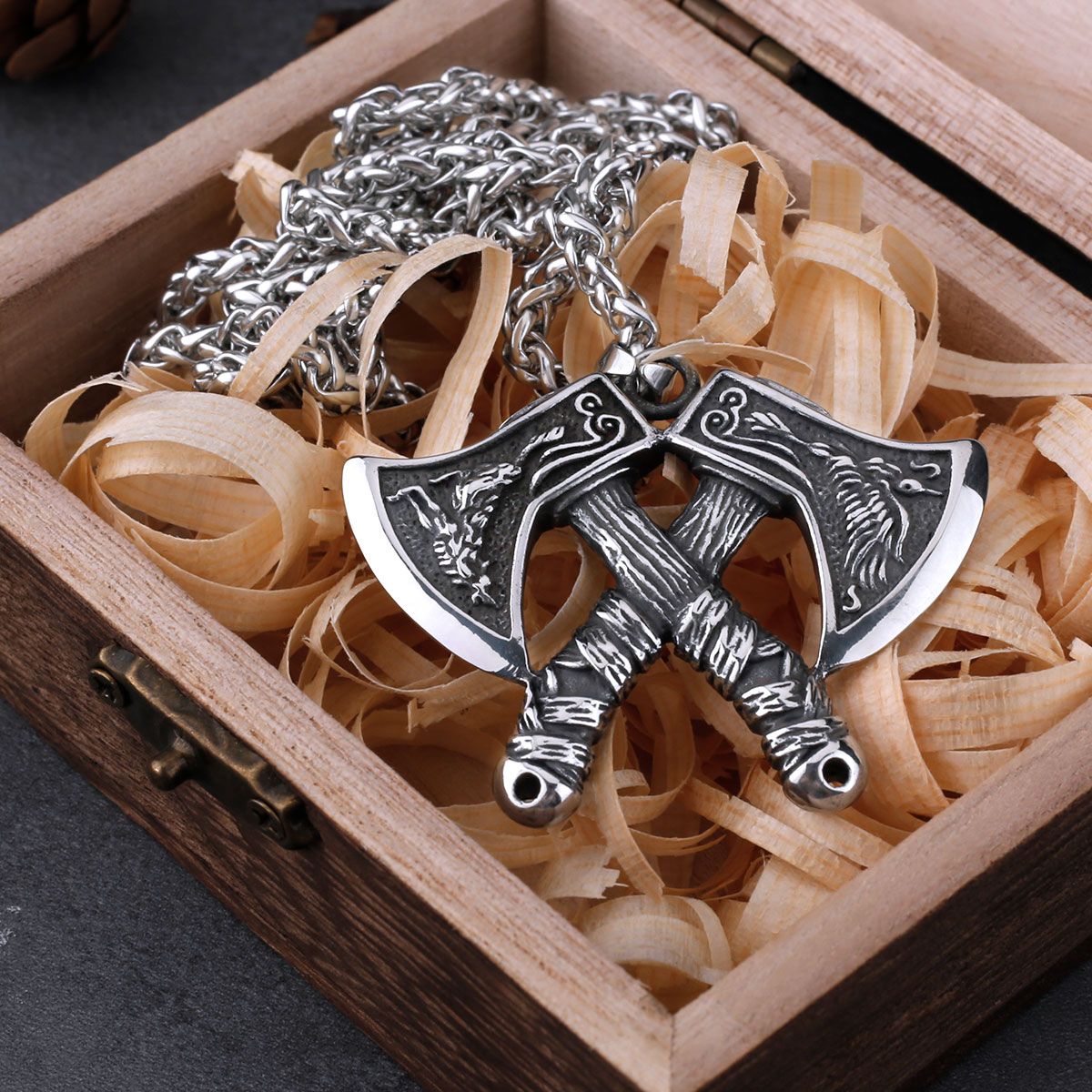 316L Stainless Steel Viking Double Axe Men's Pendant Necklace Classic Wolf Eagle Pattern Accessories with Wooden Box 316L Stainless Steel Viking Double Axe Men's Pendant Necklace Classic Wolf Eagle Pattern Accessories with Wooden Box