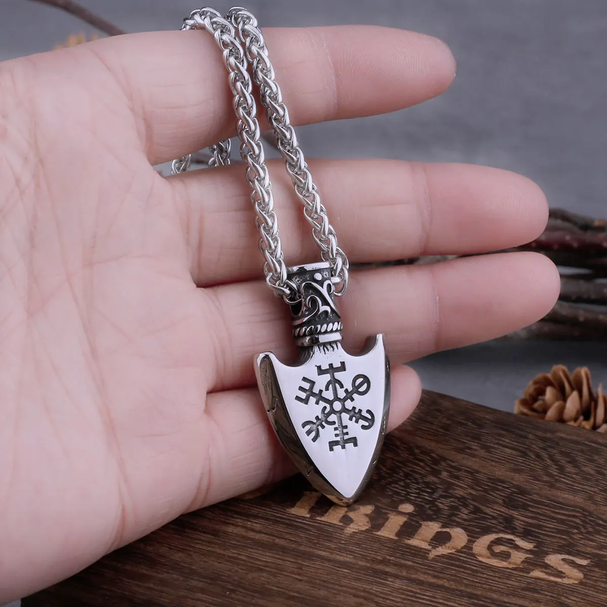 Stainless Steel Viking Arrow Spear Rune Necklace Men’s Retro Nordic Awe Helmet Amulet Pendant Jewelry Stainless Steel Viking Arrow Spear Rune Necklace Men's Retro Nordic Awe Helmet Amulet Pendant Jewelry