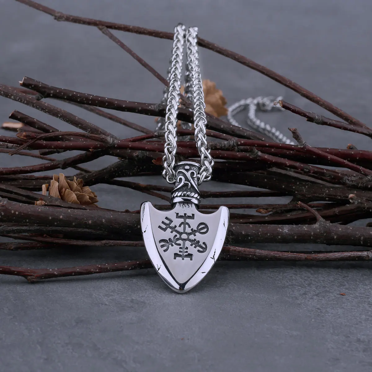 Stainless Steel Viking Arrow Spear Rune Necklace Men’s Retro Nordic Awe Helmet Amulet Pendant Jewelry Stainless Steel Viking Arrow Spear Rune Necklace Men's Retro Nordic Awe Helmet Amulet Pendant Jewelry