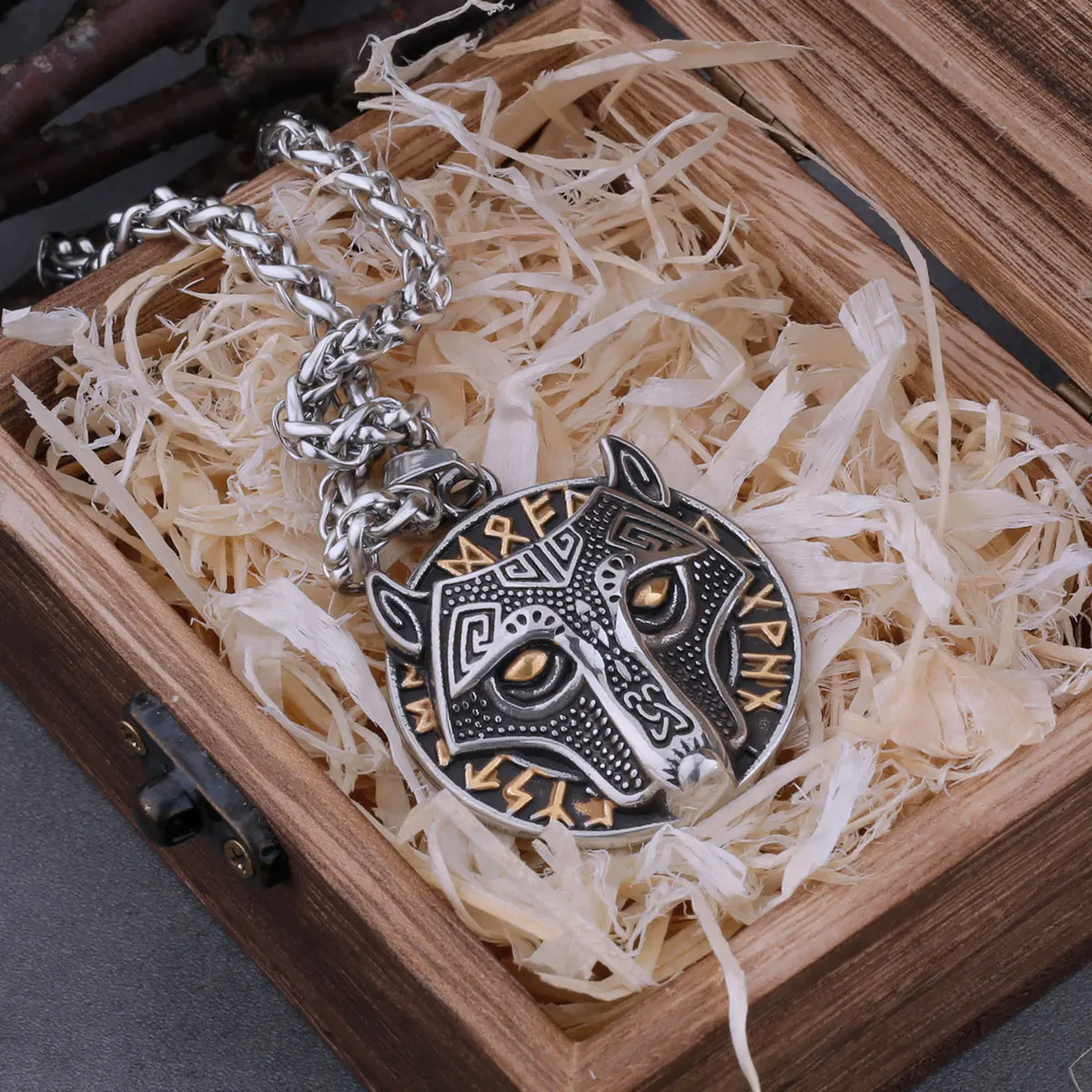 Viking Stainless Steel Wolf Head Necklaces Mens Mixed Gold Color Odin Rune Amulet Jewelry Biker Punk Hip Hop Pendant Gift Viking Stainless Steel Wolf Head Necklaces Mens Mixed Gold Color Odin Rune Amulet Jewelry Biker Punk Hip Hop Pendant Gift