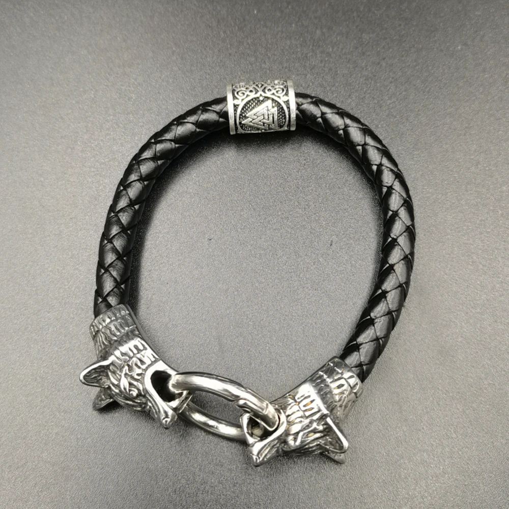 Viking rune bead Wolf Head Bracelet Stainless Steel Animal head Leather Bracelet For Women men gift