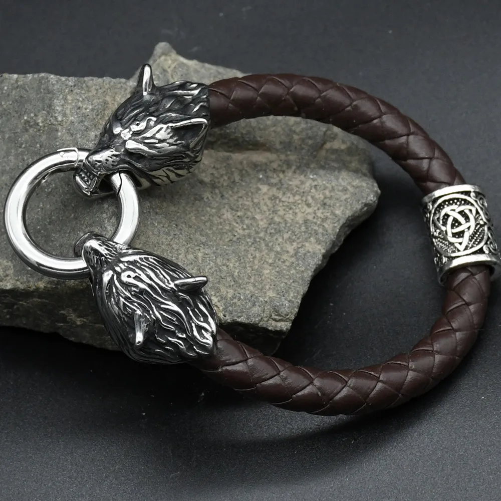 Viking rune bead Wolf Head Bracelet Stainless Steel Animal head Leather Bracelet For Women men gift