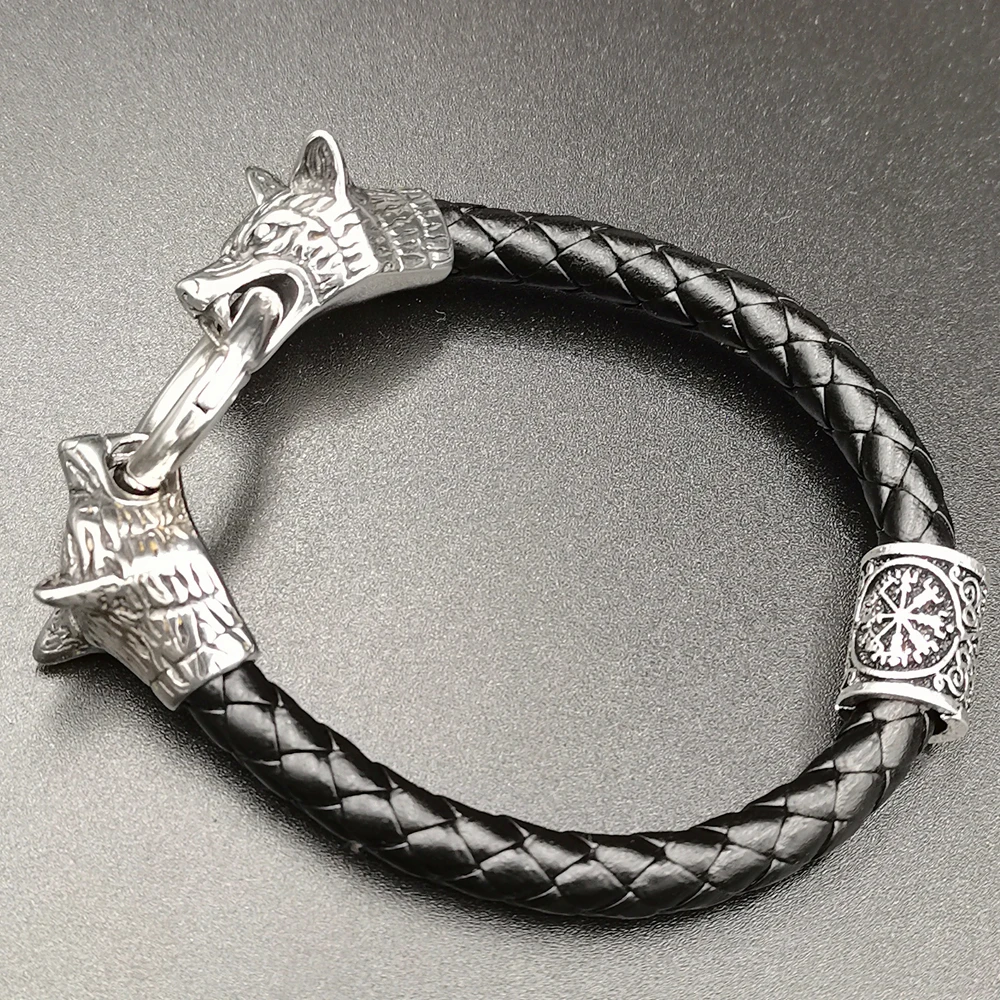 Viking rune bead Wolf Head Bracelet Stainless Steel Animal head Leather Bracelet For Women men gift
