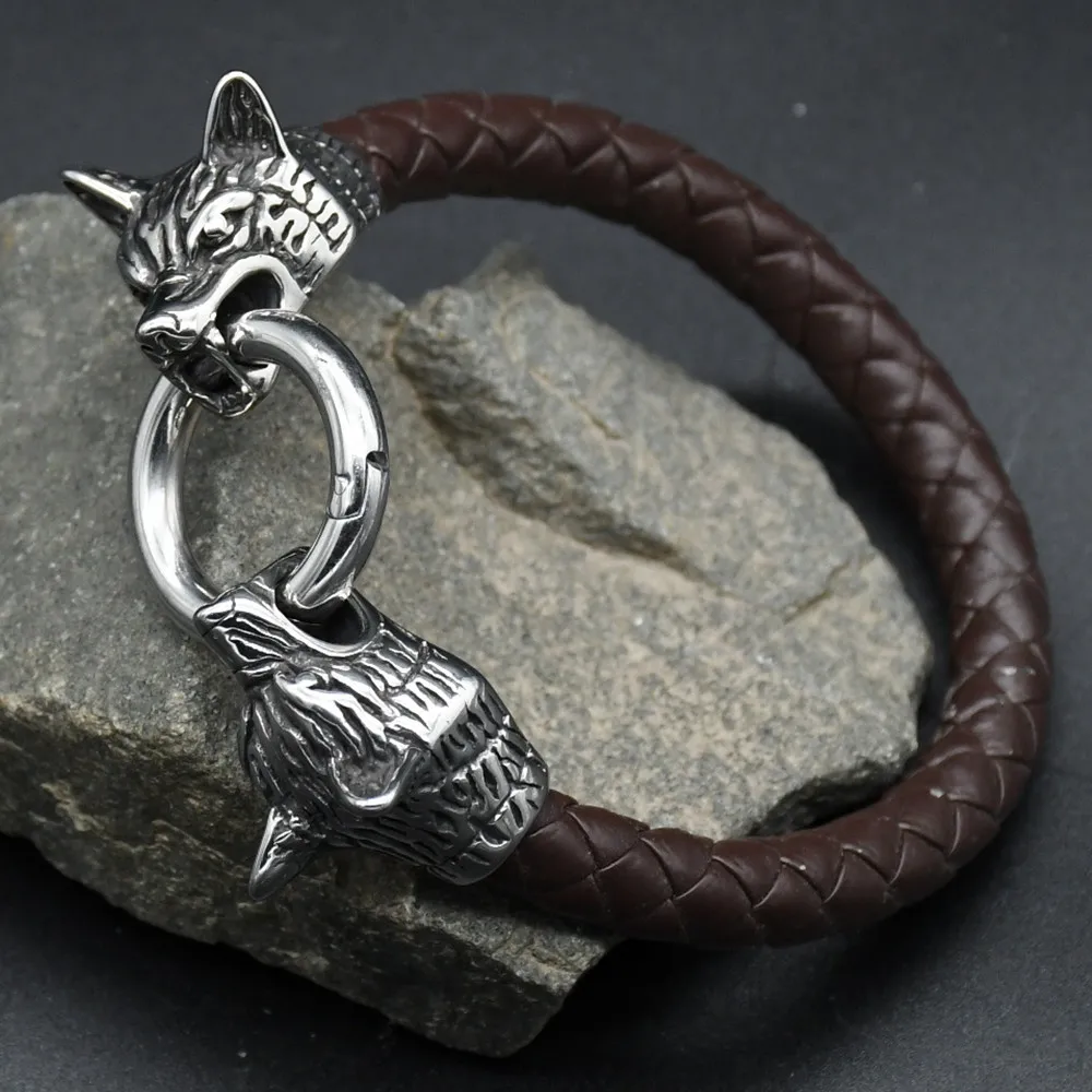 Viking rune bead Wolf Head Bracelet Stainless Steel Animal head Leather Bracelet For Women men gift Viking rune bead Wolf Head Bracelet Stainless Steel Animal head Leather Bracelet For Women men gift