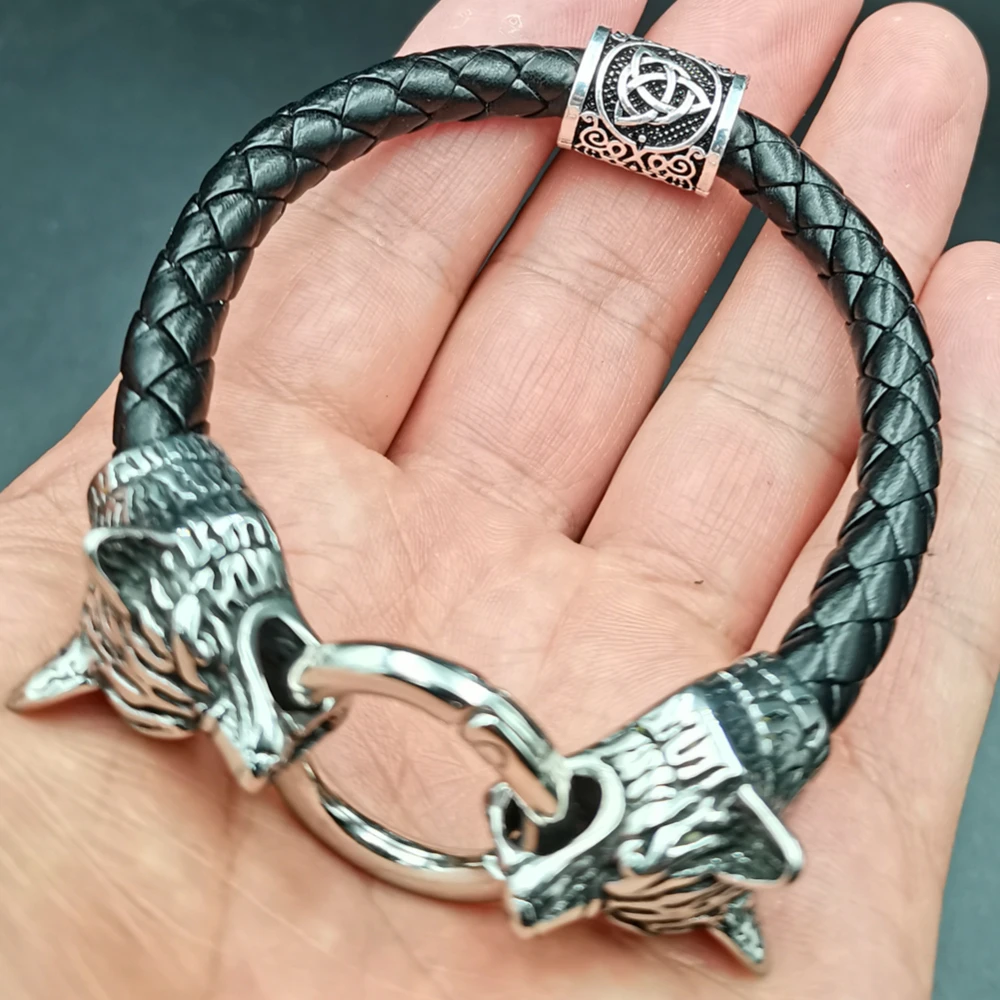 Viking rune bead Wolf Head Bracelet Stainless Steel Animal head Leather Bracelet For Women men gift Viking rune bead Wolf Head Bracelet Stainless Steel Animal head Leather Bracelet For Women men gift