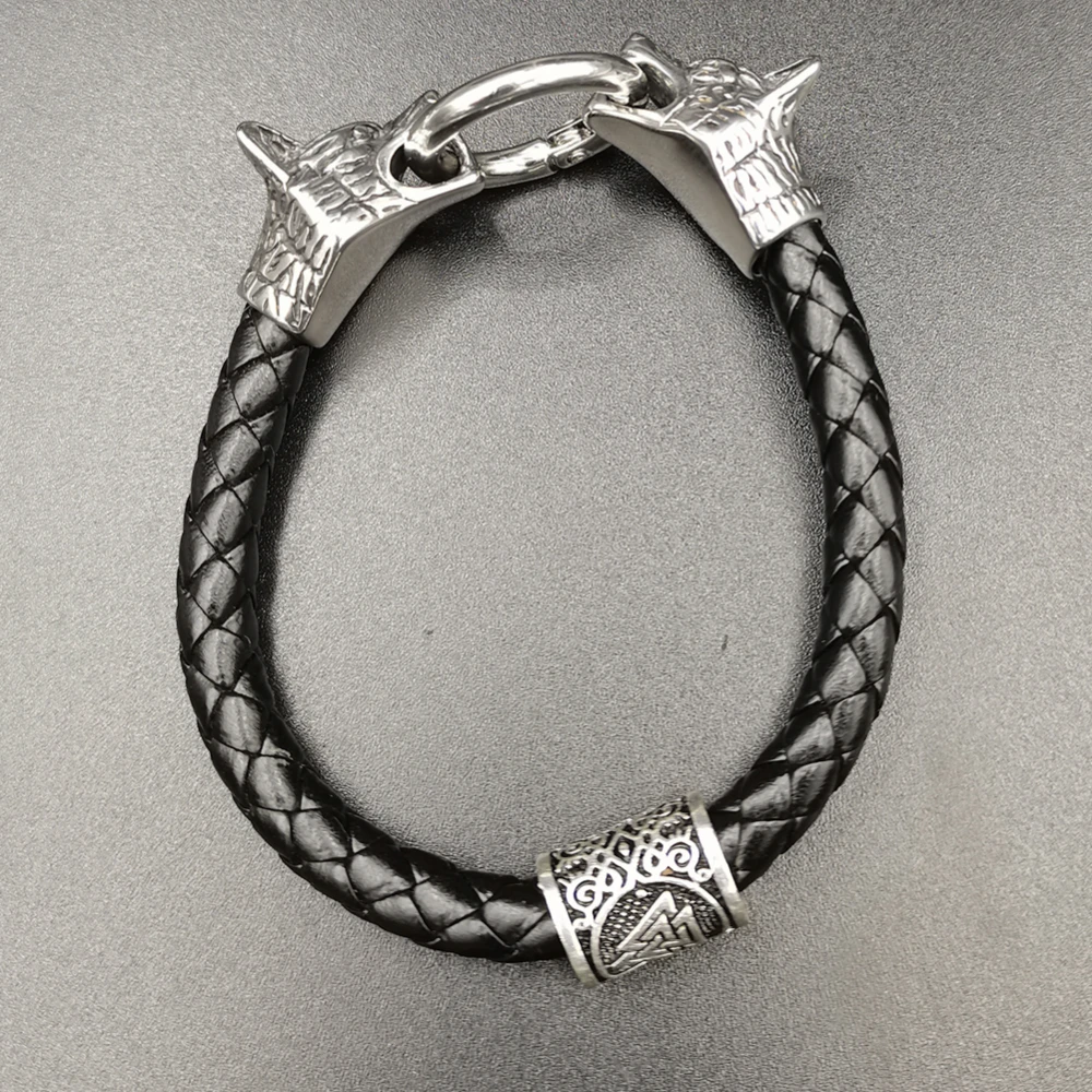 Viking rune bead Wolf Head Bracelet Stainless Steel Animal head Leather Bracelet For Women men gift