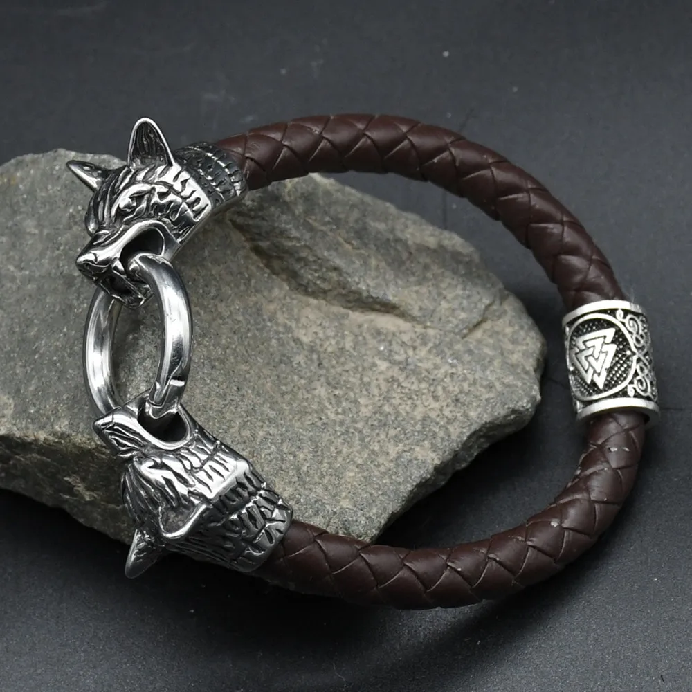 Viking rune bead Wolf Head Bracelet Stainless Steel Animal head Leather Bracelet For Women men gift