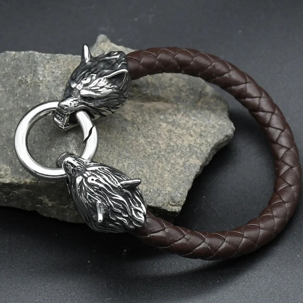Viking rune bead Wolf Head Bracelet Stainless Steel Animal head Leather Bracelet For Women men gift