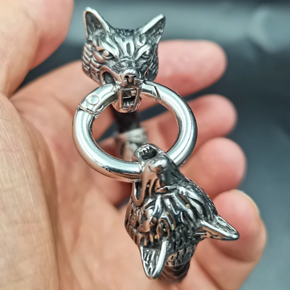 Viking rune bead Wolf Head Bracelet Stainless Steel Animal head Leather Bracelet For Women men gift Viking rune bead Wolf Head Bracelet Stainless Steel Animal head Leather Bracelet For Women men gift