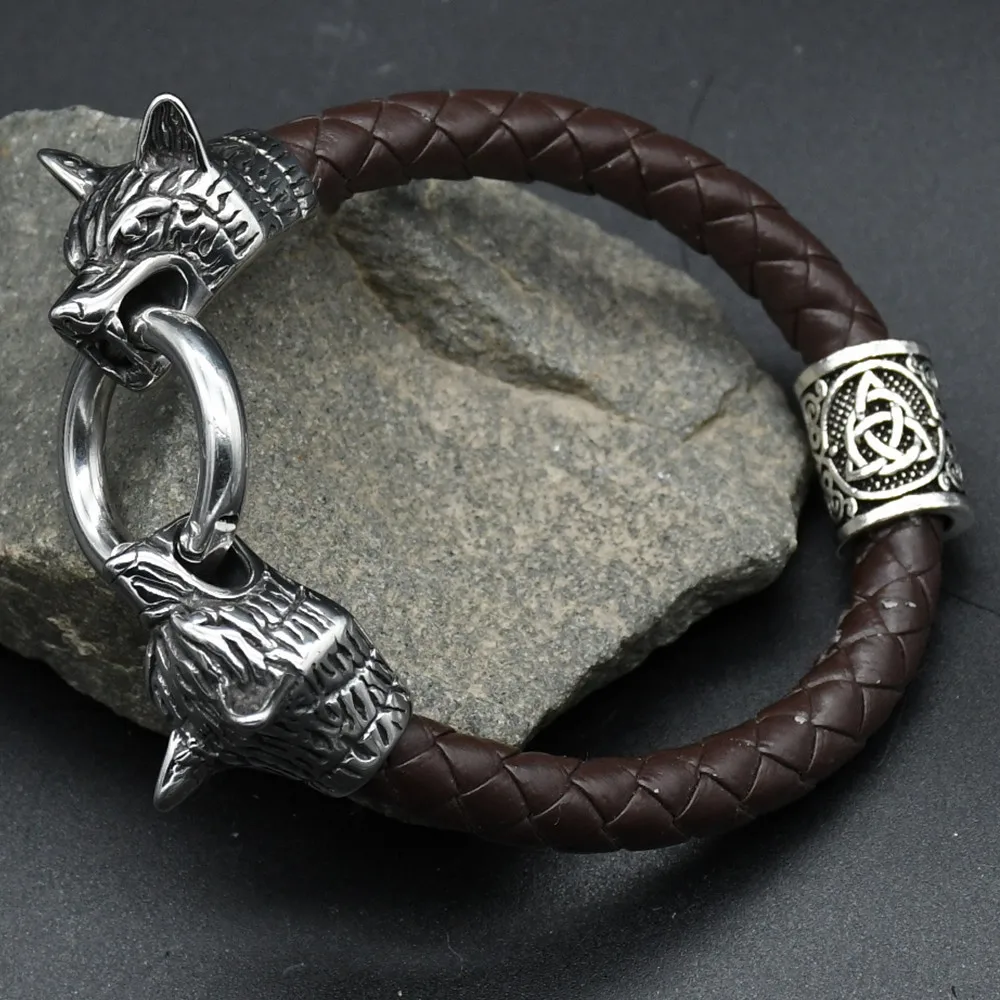 Viking rune bead Wolf Head Bracelet Stainless Steel Animal head Leather Bracelet For Women men gift Viking rune bead Wolf Head Bracelet Stainless Steel Animal head Leather Bracelet For Women men gift