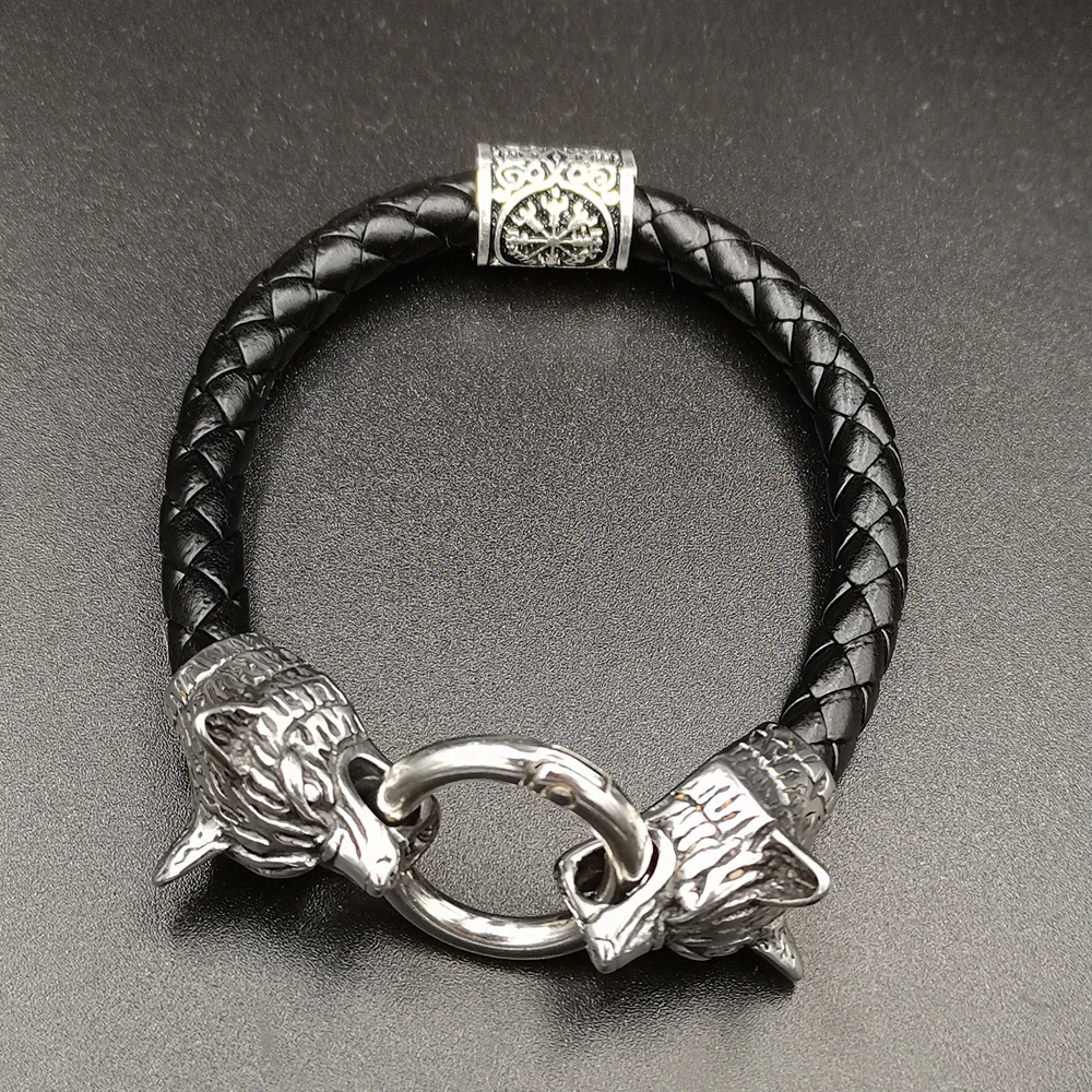 Viking rune bead Wolf Head Bracelet Stainless Steel Animal head Leather Bracelet For Women men gift