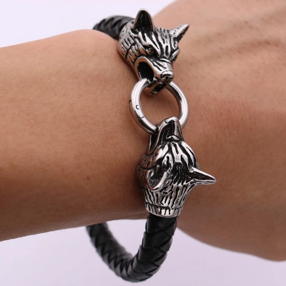 Viking rune bead Wolf Head Bracelet Stainless Steel Animal head Leather Bracelet For Women men gift