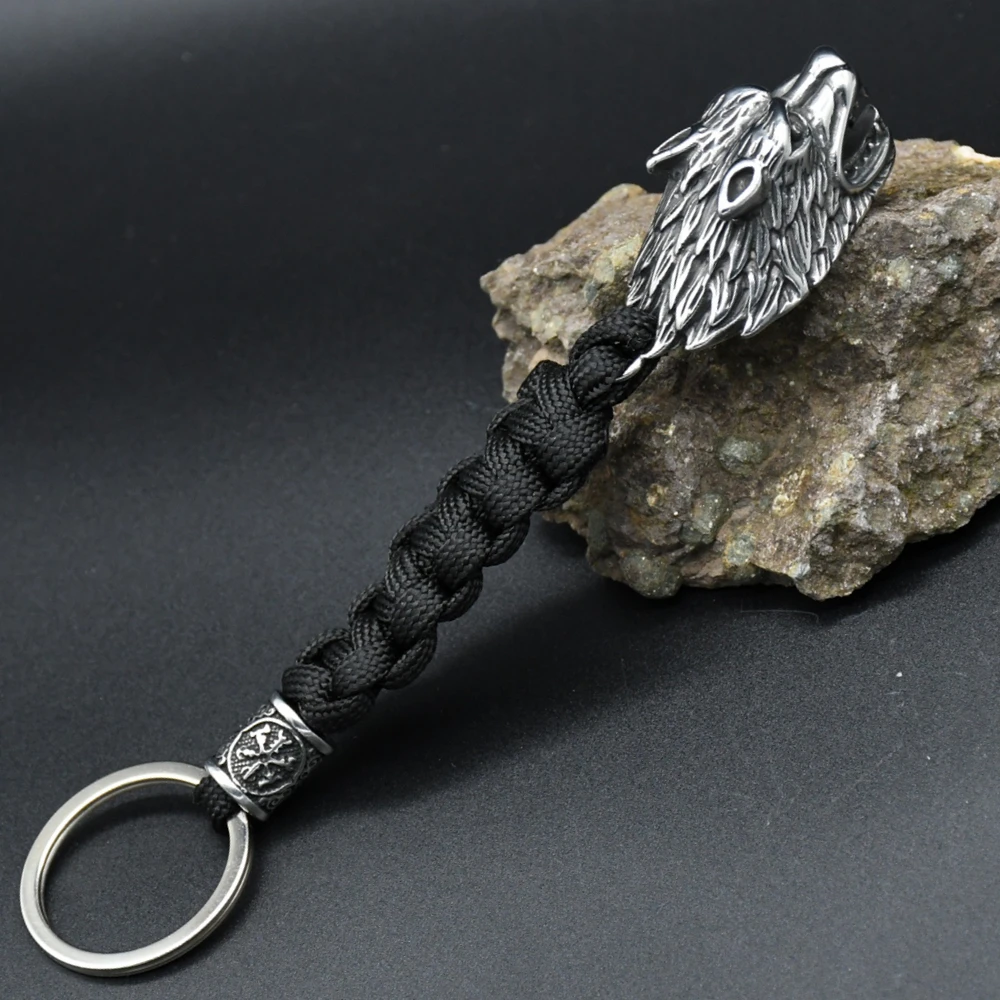 Viking Wolf Head Survival Rope Keychain Men's Stainless Steel Pendant Paracord Keyring Handmade Norse Pirates Rune Amulet Jewelr Viking Wolf Head Survival Rope Keychain Men's Stainless Steel Pendant Paracord Keyring Handmade Norse Pirates Rune Amulet Jewelr