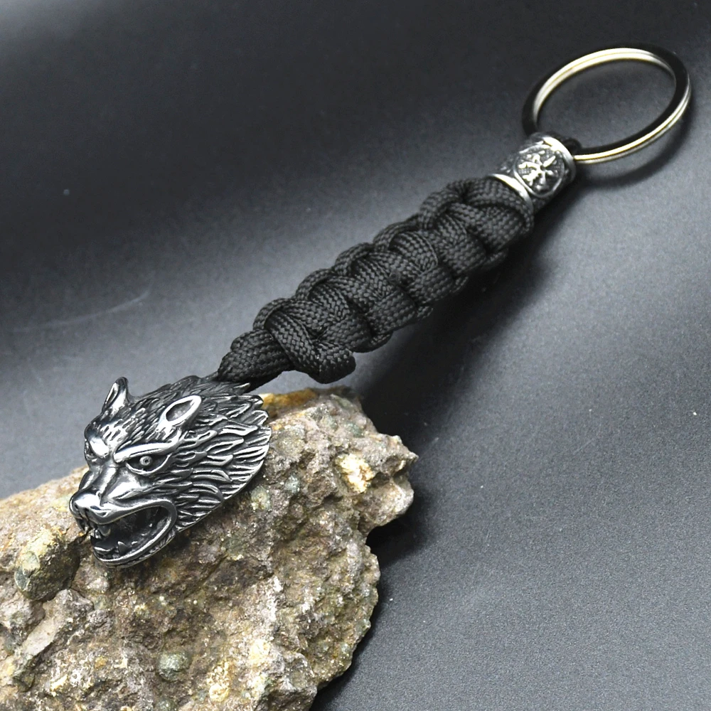 Viking Wolf Head Survival Rope Keychain Men's Stainless Steel Pendant Paracord Keyring Handmade Norse Pirates Rune Amulet Jewelr Viking Wolf Head Survival Rope Keychain Men's Stainless Steel Pendant Paracord Keyring Handmade Norse Pirates Rune Amulet Jewelr