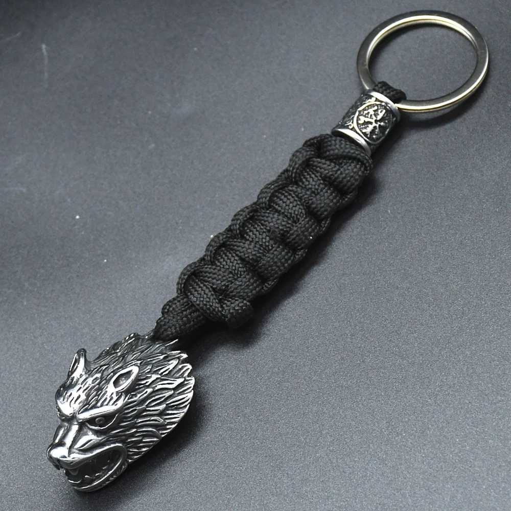 Viking Wolf Head Survival Rope Keychain Men's Stainless Steel Pendant Paracord Keyring Handmade Norse Pirates Rune Amulet Jewelr Viking Wolf Head Survival Rope Keychain Men's Stainless Steel Pendant Paracord Keyring Handmade Norse Pirates Rune Amulet Jewelr