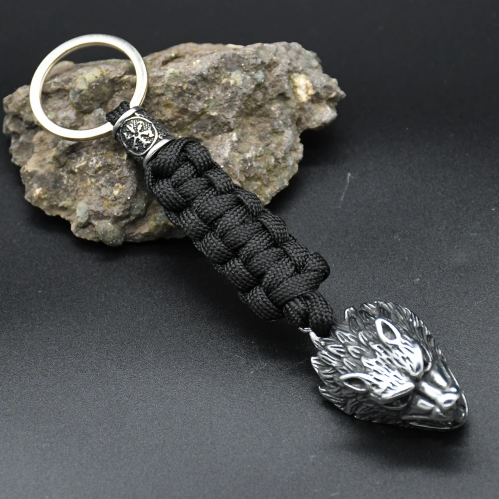 Viking Wolf Head Survival Rope Keychain Men's Stainless Steel Pendant Paracord Keyring Handmade Norse Pirates Rune Amulet Jewelr Viking Wolf Head Survival Rope Keychain Men's Stainless Steel Pendant Paracord Keyring Handmade Norse Pirates Rune Amulet Jewelr