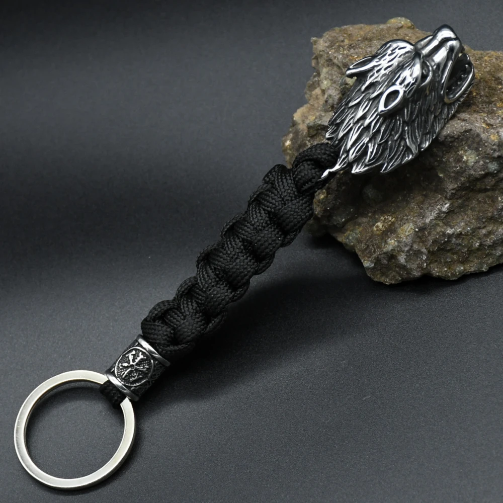 Viking Wolf Head Survival Rope Keychain Men's Stainless Steel Pendant Paracord Keyring Handmade Norse Pirates Rune Amulet Jewelr Viking Wolf Head Survival Rope Keychain Men's Stainless Steel Pendant Paracord Keyring Handmade Norse Pirates Rune Amulet Jewelr