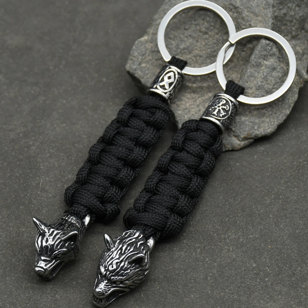 1Pcs Men’s Stainless Steel Viking Wolf Head Keychain Knife Pendant Valknut Runes Beads Paracord Keyring Handmade Jewelry 1Pcs Men's Stainless Steel Viking Wolf Head Keychain Knife Pendant Valknut Runes Beads Paracord Keyring Handmade Jewelry