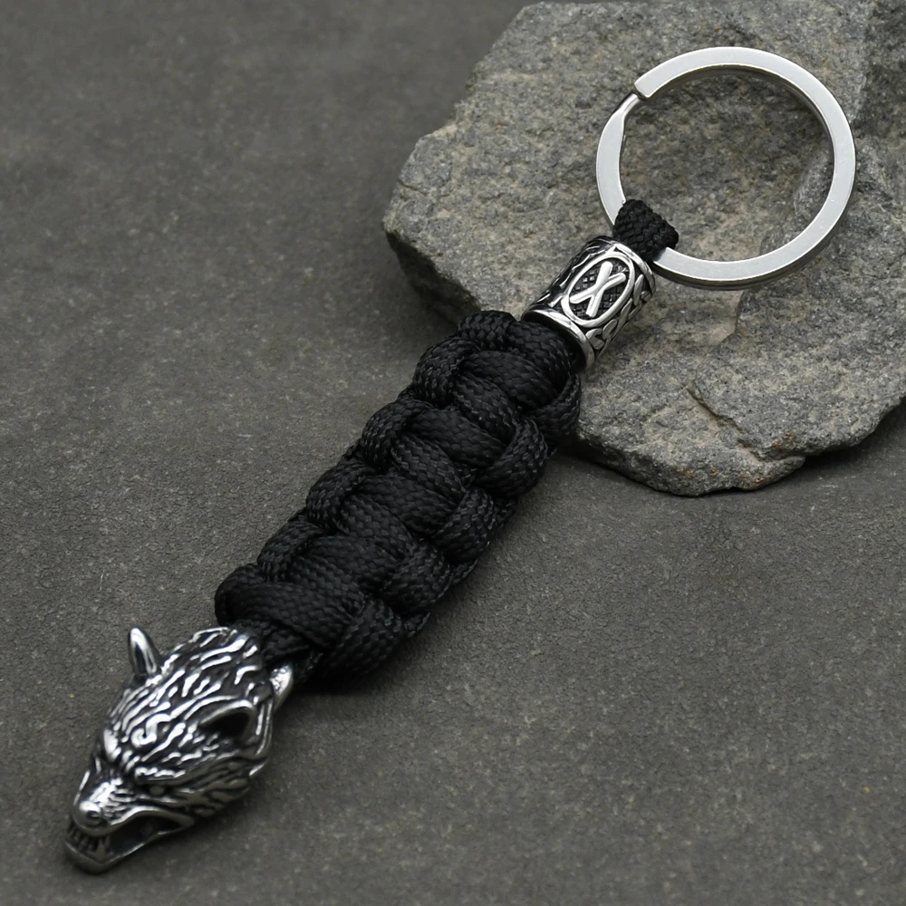 1Pcs Men’s Stainless Steel Viking Wolf Head Keychain Knife Pendant Valknut Runes Beads Paracord Keyring Handmade Jewelry 1Pcs Men's Stainless Steel Viking Wolf Head Keychain Knife Pendant Valknut Runes Beads Paracord Keyring Handmade Jewelry
