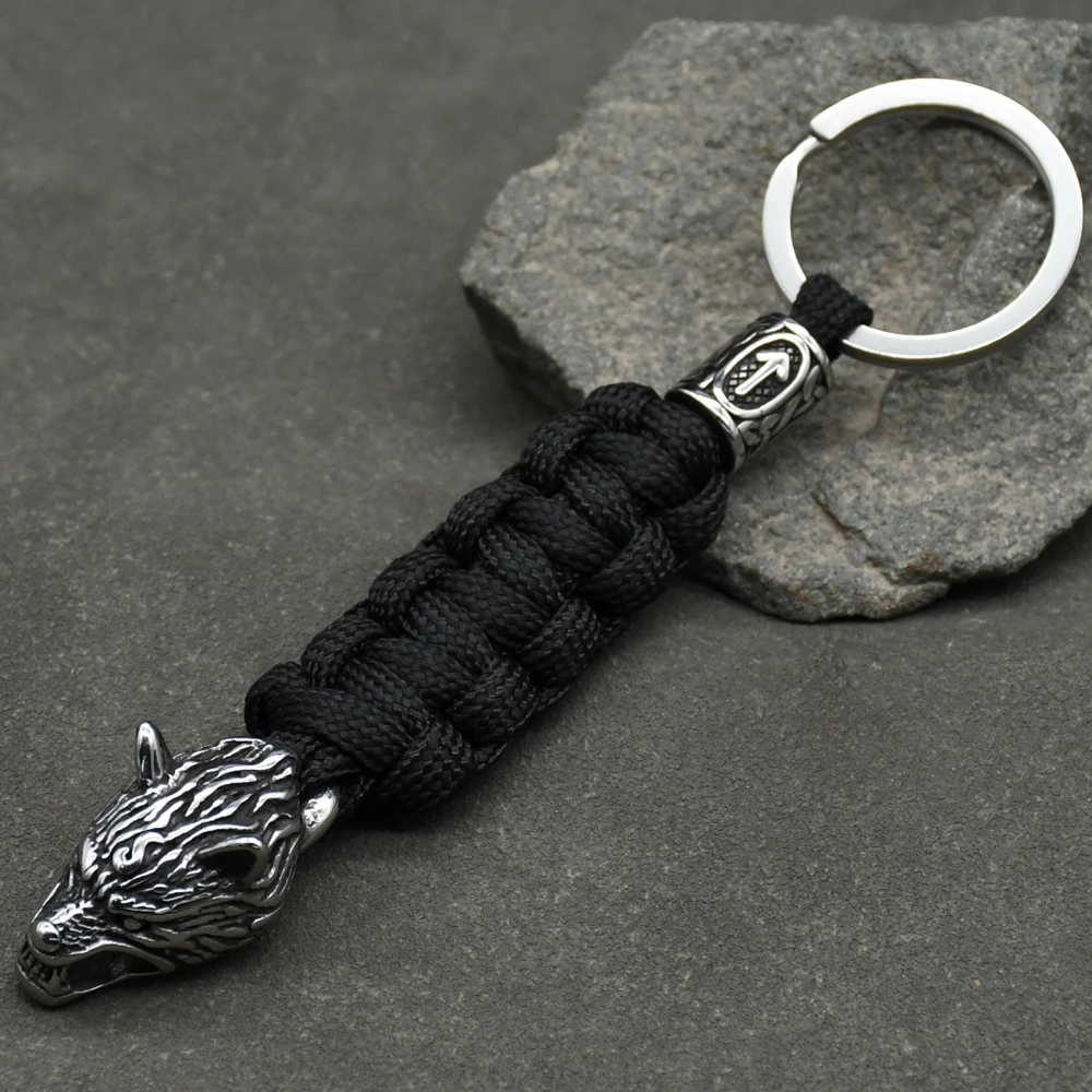 1Pcs Men’s Stainless Steel Viking Wolf Head Keychain Knife Pendant Valknut Runes Beads Paracord Keyring Handmade Jewelry 1Pcs Men's Stainless Steel Viking Wolf Head Keychain Knife Pendant Valknut Runes Beads Paracord Keyring Handmade Jewelry