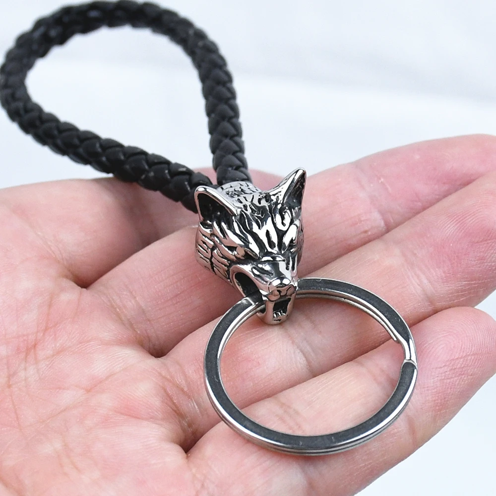 Vintage Wolf Head Keychains Vikings Pendant Stainless Steel wolf Keyring Handmade Male Black leather Key Ring Vintage Wolf Head Keychains Vikings Pendant Stainless Steel wolf Keyring Handmade Male Black leather Key Ring